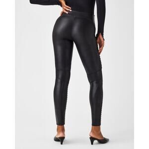 Spanx faux leather moto very black ribbed ankle leggings EUC L stretch sculpt